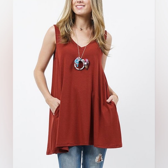 Fired Brick V-Neck Sleeveless Pocket Tunic | Small - Picture 1 of 5